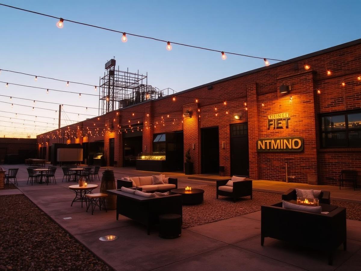 Outdoor industrial patio with string lights and lounge furniture at dusk